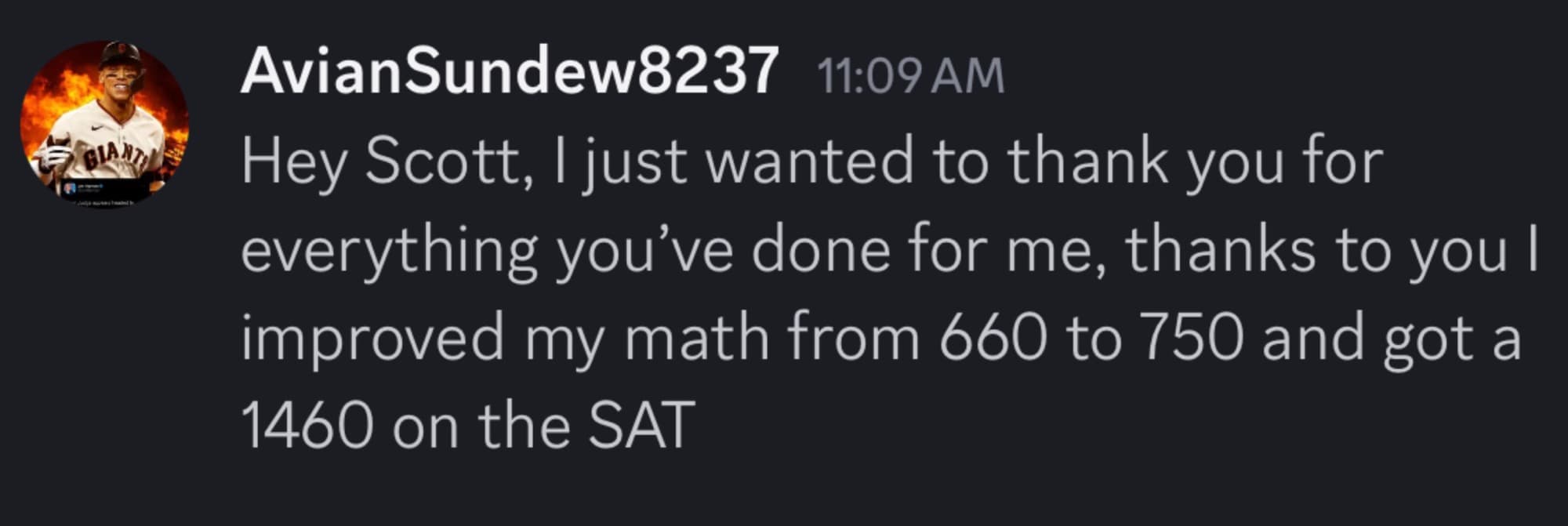 Message from AvianSundew8237 thanking Scott: math improved from 660 to 750, for a 1460 on the SAT