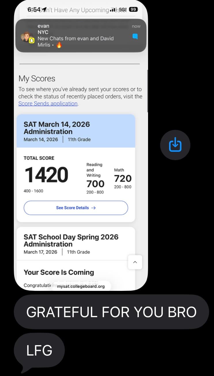 Score report and message from Dan: a 1420 (700 reading and writing, 720 math)