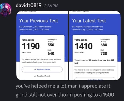 Score reports from davidt0819 showing progress from a 1190 to a 1410, up 90 points, with a message: you've helped me a lot man i appreciate it, grind still not over tho im pushing to a 1500