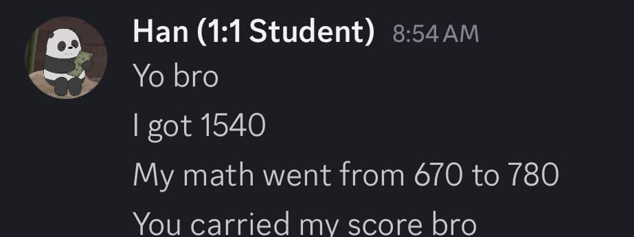 Message from Han: a 1540, with math up from 670 to 780