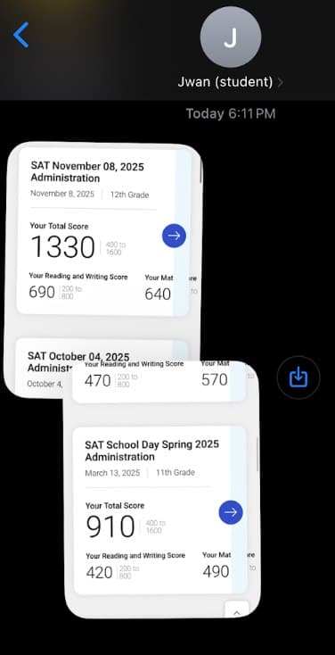 Score reports from Jwan showing progress from a 910 to a 1330 across multiple SAT administrations