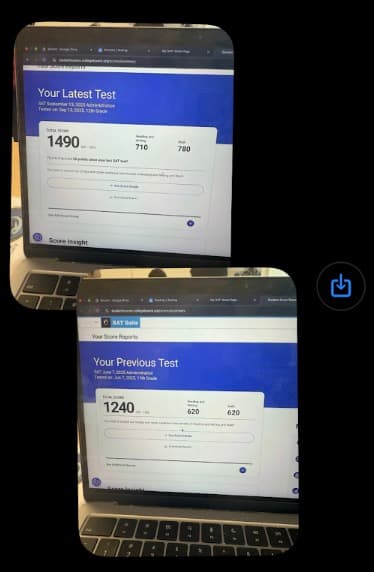 Score reports showing progress from a 1240 (620 reading and writing, 620 math) to a 1490 (710 reading and writing, 780 math)