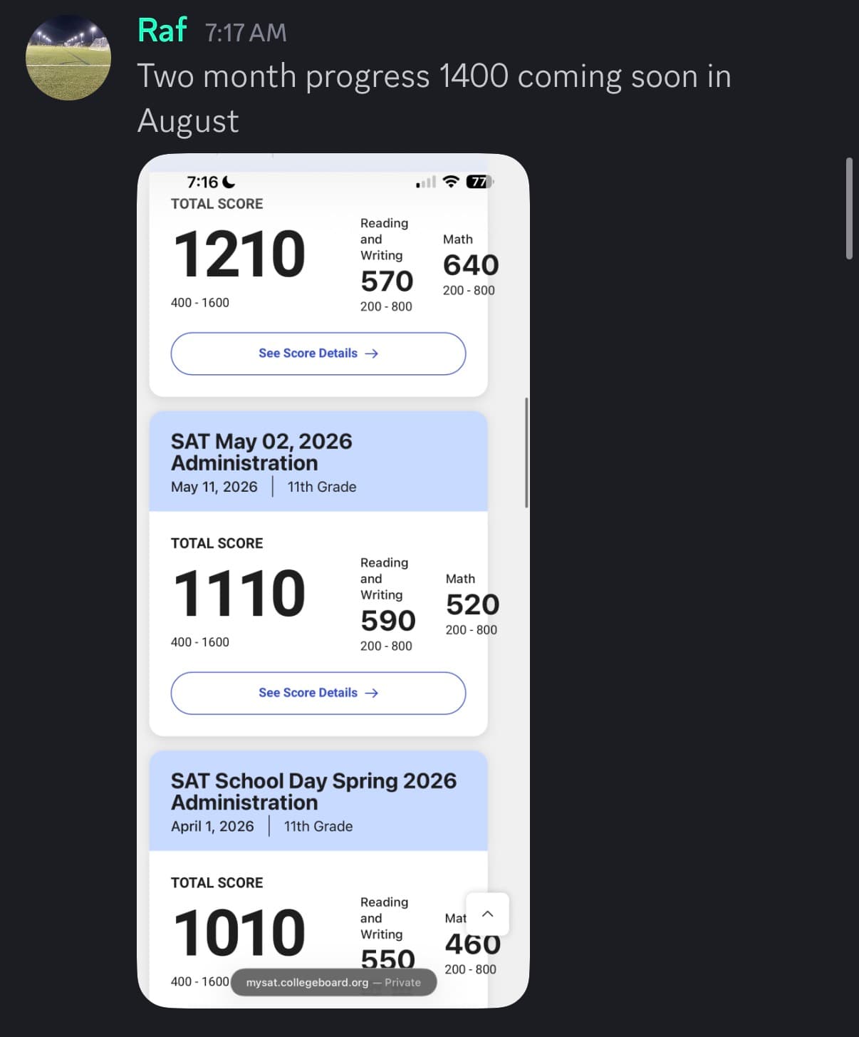 Score reports and message from Raf showing progress from 1010 to 1210, on track for 1400