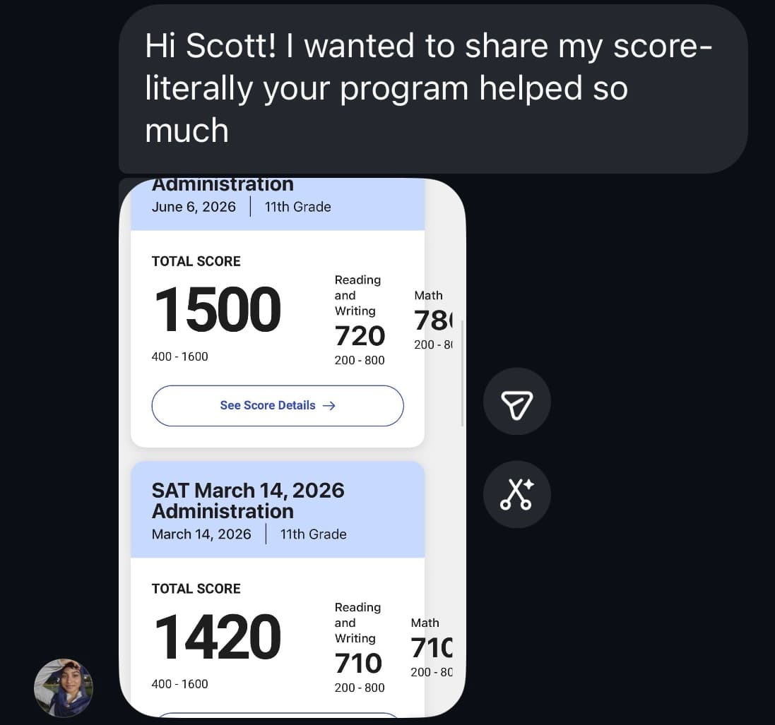 Score report and message from a student: a 1500 (720 reading and writing, 780 math), up from 1420