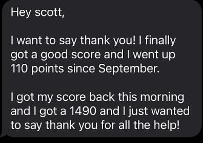 Message thanking Scott for a 1490 score, up 110 points since September