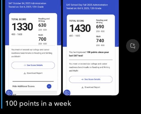 Score reports showing progress from a 1330 to a 1430 with a message: 100 points in a week